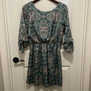 TeenpLo dress teal green print size Large. V-neck back & lined inside